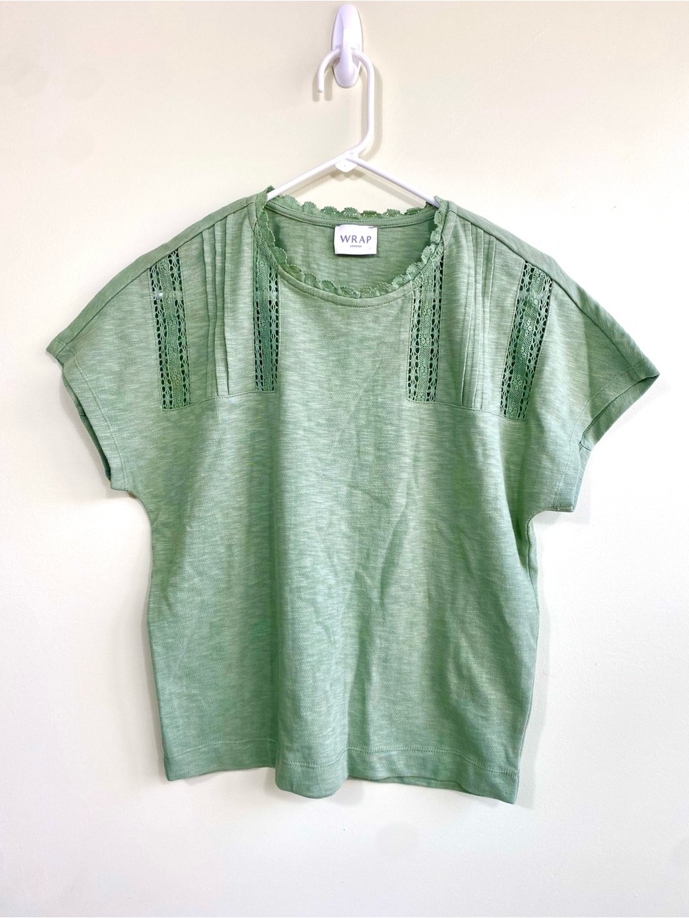Wrap London 100% Cotton Sage Green Lace-Trim Short Sleeve Top